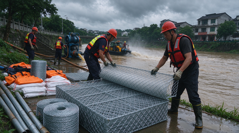Changshu Jianghe Flood Prevention Products leveret Gabion & Galvanized Mesh Materials foar Binnen Mongoalje Emergency Drainage Support Project